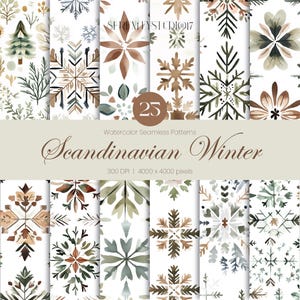 Può includere: 25 motivi senza cuciture ad acquerello con un tema invernale scandinavo. I motivi presentano fiocchi di neve, alberi e altri motivi invernali in tonalità di marrone, verde e bianco.