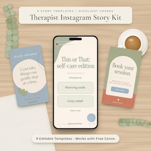 May include: A digital kit featuring 9 Instagram story templates and highlight covers for therapists. The display shows a smartphone with a self-care poll, alongside two printed cards with affirmations and booking prompts, all on a wood surface.