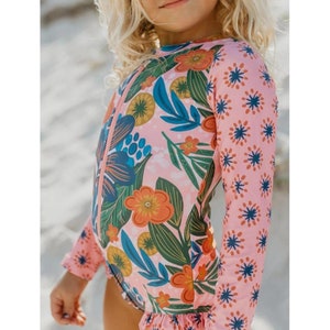 Kids Pink Tropical Zip Rash Guard One Piece Swimsuit zdjęcie 1