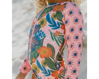 Kids Pink Tropical Zip Rash Guard One Piece Swimsuit