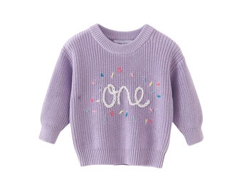 Lavender Hand-Embroidery One & Two Pullover Sweater