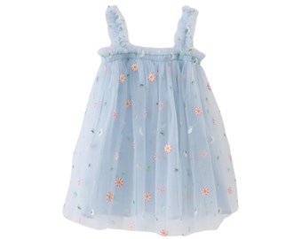 Blue Strap Daisy Embroidery Tulle Dress
