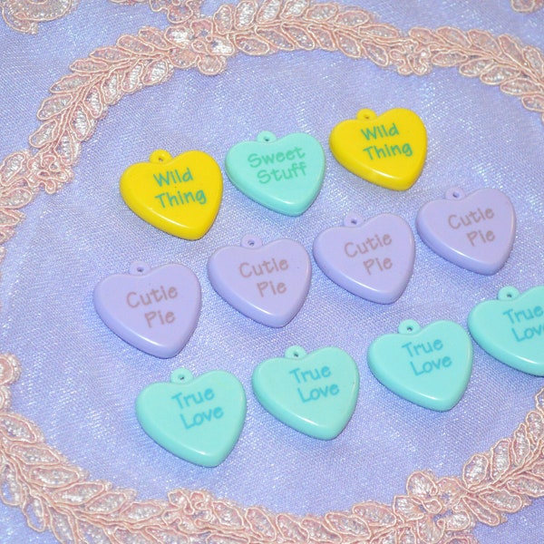 1980's Heart Lot, 11 vintage candy heart necklace pendants / Kitschy Crafting, Kawaii Kitsch