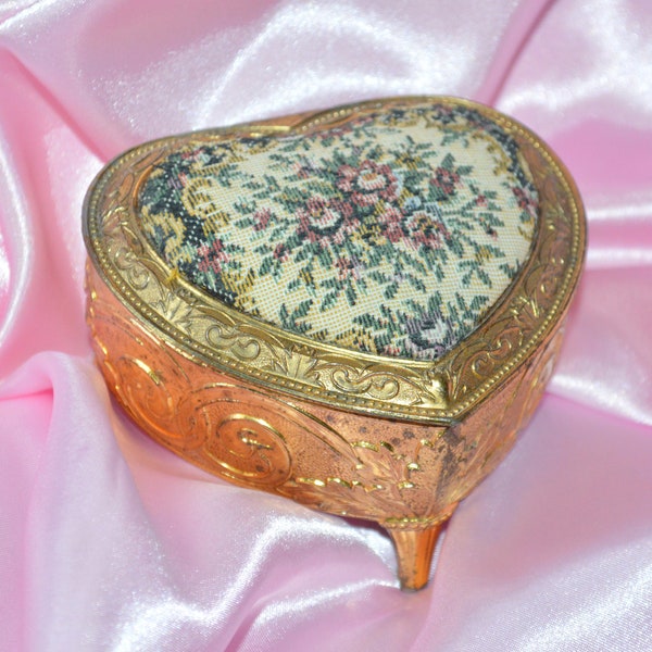 1970's Heart Jewelry Casket, ornate gold metal trinket box holder, velvet interior, Japan