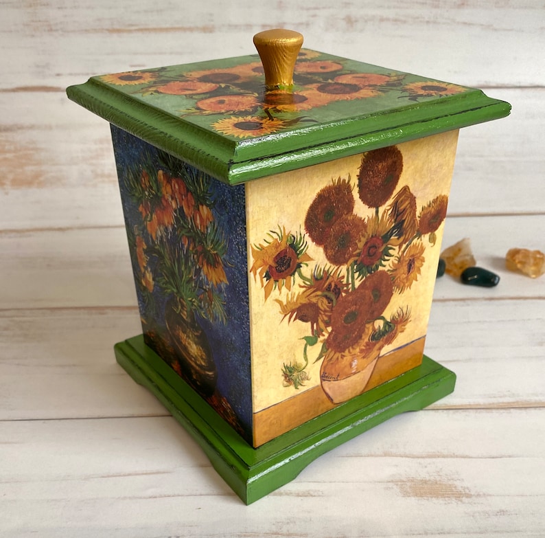 Wooden box Van Gogh Flowers Inspired, Jewelry Box, Candy Container, Cotton Pad Organizer, Comb Holder, Christmas or Birthdasy Gift for her