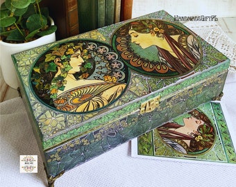 Mothers Day Handmade wooden Tea or Jerwelry Box Alphonse Mucha with postcard, Presents for mom, Tea organizer Gift for women