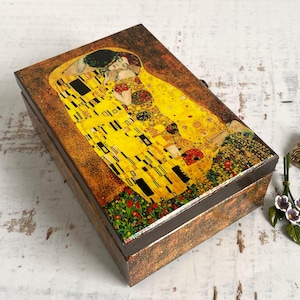 Boîte à bijoux Klimt le baiser, organisateur de bijoux pour bagues et boucles d'oreilles, cadeau d'anniversaire, boîte à bagues en bois, cadeau d'épouse
