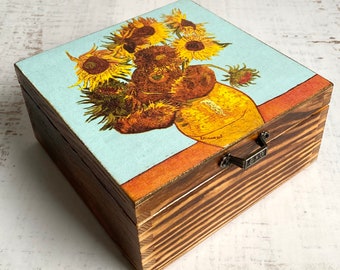 Boîte à bijoux tournesols inspirée de Van Gogh - Cadeau parfait fait main pour les amateurs d'art, boîte à souvenirs artisanale, boîte pour cartes postales, cadeau pour femme