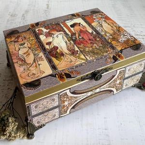 Caja de té grande Alphonse Mucha serie Flores, caja para accesorios de té, joyero, cartas del tarot, regalo de cumpleaños para mujer