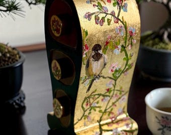 Hand-Painted Chinoiserie Bird Cherry Blossom Mini Chest, Gold Leaf Jewelry Box