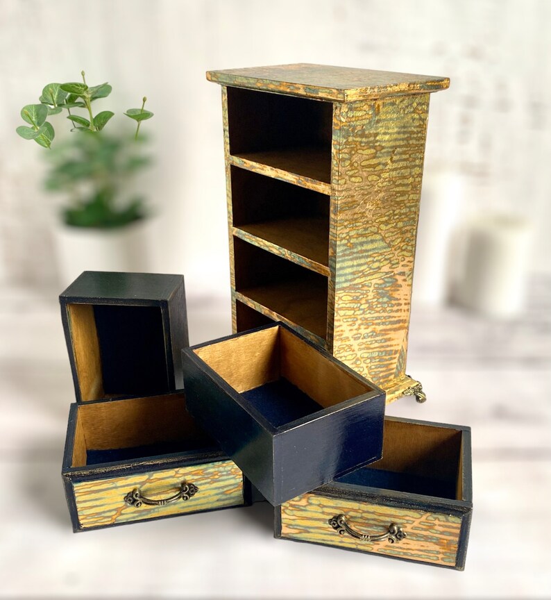 Ensemble à tiroirs bohème Organiseur 4 tiroirs en bois avec détails en feuille d'or, cadeau de rangement chic pour femme, cadeau pour maman image 4