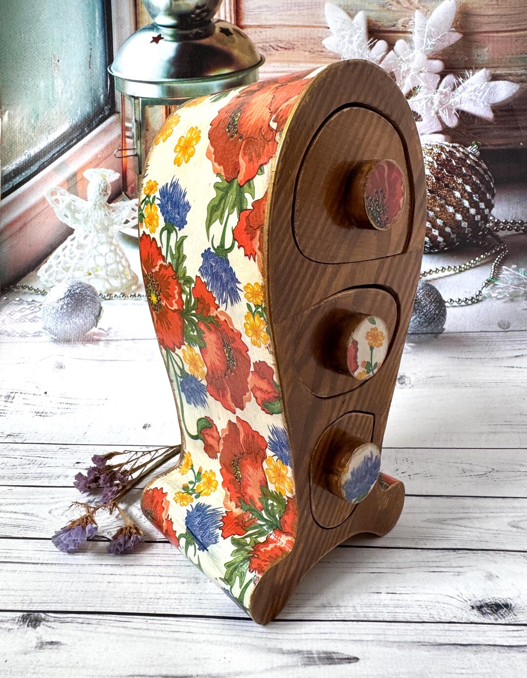 Handmade Wooden Jewelry Box – Curved 3-drawer Solid Wood Chest ...