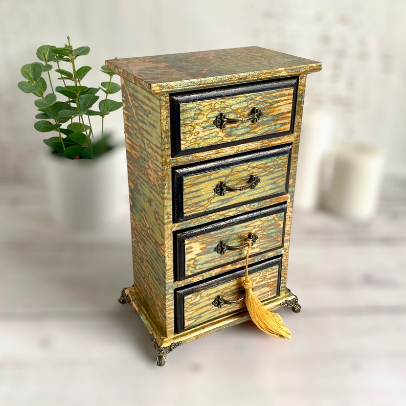 Ensemble à tiroirs bohème Organiseur 4 tiroirs en bois avec détails en feuille d'or, cadeau de rangement chic pour femme, cadeau pour maman image 10