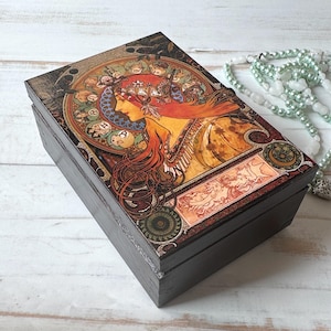 Alphonse Mucha Zodiac houten sieradendoos voor speciale dag mam, verjaardagscadeau voor vrouwen, trinket- en geheugendoos, cadeaudoos tarotkaarten