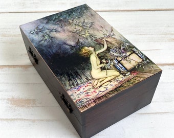 Pandora Tarot box Arthur Rackham, Small wooden box, Altar box, Witch box, Tarot card holder, Tarot storage gift for women, Mom gift