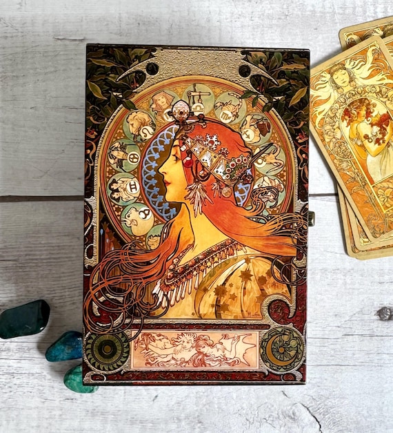 Personalized Alphonse Mucha Zodiac tarot card box, Wooden keepsake box, Wood desk organizer, Small jewelry box, Birthday