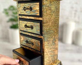 Bohemian Drawer Organizer with 4 Drawers - Handmade Wooden Mini Chest of Drawers, Gold Leaf  gift for women