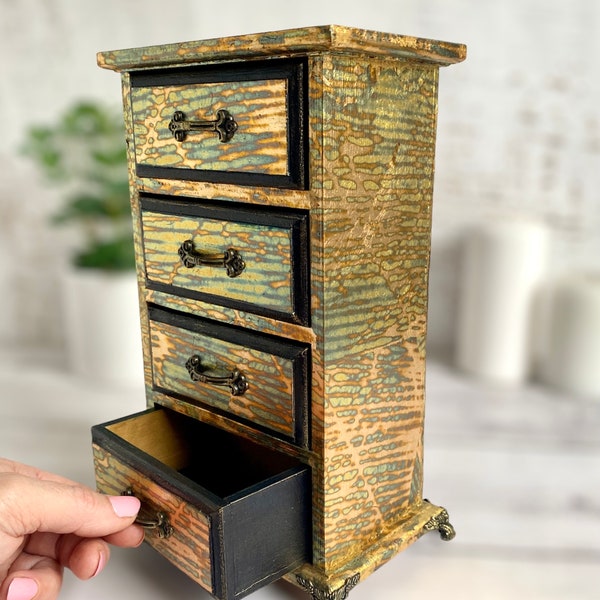 Organiseur de tiroir bohème avec 4 tiroirs - Mini commode en bois faite main, cadeau feuille d'or pour femme