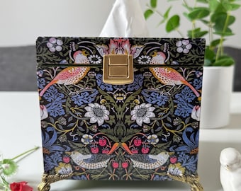 Capa de madeira para caixa de lenços de papel, William Morris Strawberry Thief, porta-lenços de papel com decoração floral em decoupage.