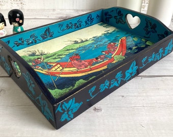 Mother's Day Hokusai Art Serving Tray: Hand-Painted Japanese Decor, cadeau pour maman