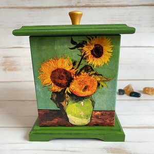 Introducing a truly exquisite piece for your home - a handmade wooden canister inspired by one of my favorite artists, Van Gogh. As a testament to my admiration, I created the lid in the shape of a circle of sunflowers using my computer.