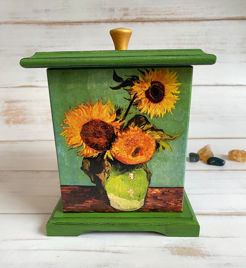 Introducing a truly exquisite piece for your home - a handmade wooden canister inspired by one of my favorite artists, Van Gogh. As a testament to my admiration, I created the lid in the shape of a circle of sunflowers using my computer.