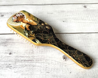 Alphonse Mucha wooden hairbrush - Handmade decorative wooden hair comb Gift for women.