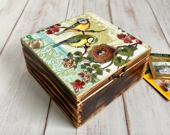 Boîte à thé avec oiseaux printaniers et nid, joli cadeau pour maman, cadeau de fête des mères, cadeau pour maman