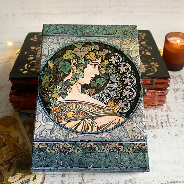 Alphonse Mucha tarot box Emerald green, Tarot card box, Tarot storage, Tarot card holder, Tarot card deck, Wood ring box, Gift for women