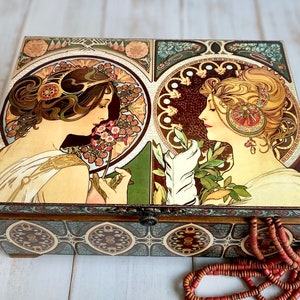 Joyero grande con doble fondo y 1 bandeja con 6 compartimentos, Alphonse Mucha, Regalo de cumpleaños para mujer
