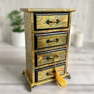 Ensemble à tiroirs bohème Organiseur 4 tiroirs en bois avec détails en feuille d'or, cadeau de rangement chic pour femme, cadeau pour maman image 1