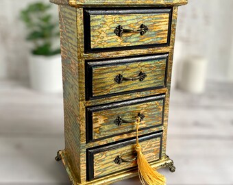 Bohemian Gold Leaf Drawer Organizer with 4 Drawers - Handmade Wooden Mini Chest of Drawers gift for women