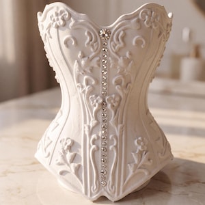 May include: A white corset-shaped decorative object featuring raised floral and scrollwork relief patterns across its surface. A vertical line of clear, sparkling rhinestones runs down the centre front, extending from the top edge to the base.