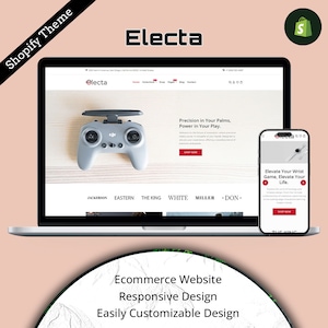 Może przedstawiać: Laptop wyświetlający witrynę internetową sklepu internetowego o nazwie "Electa". Witryna zawiera szary i biały kontroler do gier oraz tekst "Precyzja w dłoniach, moc w grze." Witryna zawiera również telefon komórkowy wyświetlający tekst "Podnieś grę nadgarstka, podnieś swoje życie."
