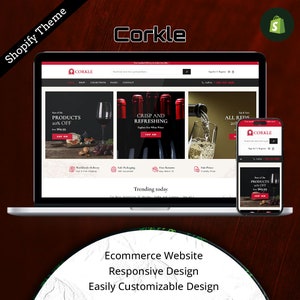 Peut inclure: Une maquette de site Web pour une boutique de vin appelée "Corkle" avec un schéma de couleurs rouge et blanc. Le site Web propose une variété de produits viticoles, notamment des vins rouges, blancs et mousseux. Le site Web comprend également un appel à l'action pour "Acheter maintenant".
