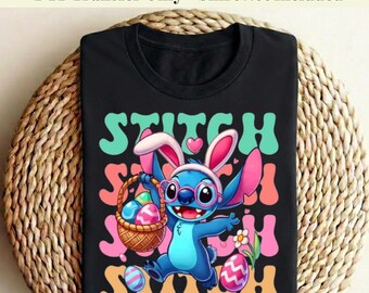 Transferencia DTF de Stitch de Pascua, Transferencia térmica de Stitch con conejito, Pascua de Disney lista para planchar, Huevos de Pascua de Stitch termoadhesivos, Disneyworld DTF, Stitch 2026