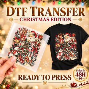 Vintage Christmas DTF Transfer, Santa Snowman Reindeer and Nutcracker Collage, Christmas Tree and Candy Canes, Ready to Press