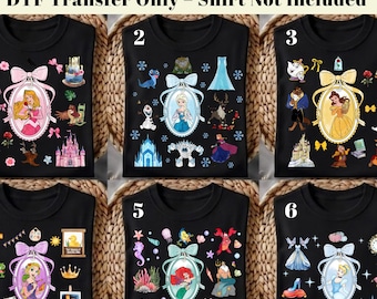 Película de transferencia térmica de princesas Disney lista para usar, película de transferencia térmica personalizada para camisetas, Elsa DTF, Rapunzel DTF, Ariel DTF, transferencia de chica Disney