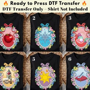 May include: Black t-shirts with DTF transfers featuring various designs. Designs include an apple, snowflake, seashell, rose, sun, and a glass slipper. Text at the top reads "Ready to Press DTF Transfer" and "DTF Transfer Only - Shirt Not Included."