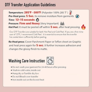 Puede incluir: Gu&iacute;a para la aplicaci&oacute;n de transferencias DTF, incluyendo ajustes de temperatura, tiempo y presi&oacute;n. Tambi&eacute;n incluye instrucciones de lavado, como lavar en agua fr&iacute;a y evitar el blanqueador. El texto est&aacute; sobre un fondo claro.