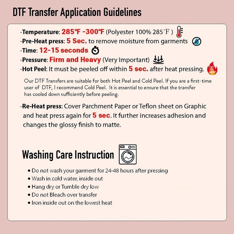 Puede incluir: Gu&iacute;a para la aplicaci&oacute;n de transferencias DTF, incluyendo ajustes de temperatura, tiempo y presi&oacute;n. Tambi&eacute;n incluye instrucciones de lavado, como lavar en agua fr&iacute;a y evitar el blanqueador. El texto est&aacute; sobre un fondo claro.