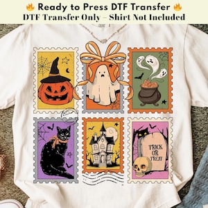 Ready to Press DTF Transfer – Retro Halloween Stamps DTF Transfer-Cute Ghost Pumpkin Black Cat Heat Press-Girly Fall Shirt Design