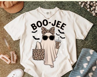 Transferencia DTF lista para usar, fantasma con estampado de leopardo Boo Jee, transferencia térmica de café de Halloween, diseño DTF Boujee, DTF lindo para la temporada de Halloween