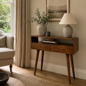 Curved Mango Wood Console Table: Chestnut Finish, Mid-Century Style