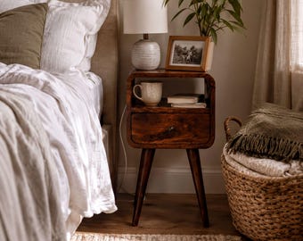 Mini Chestnut Bedside Table - Solid Wood, Open Shelf & Drawer