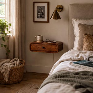 May include: A floating wooden bedside table with a single drawer and a black knob, mounted on a wall next to a bed. On the bedside table sits a ceramic mug and a pair of glasses. Above it is a framed black and white photograph and a brass wall lamp.