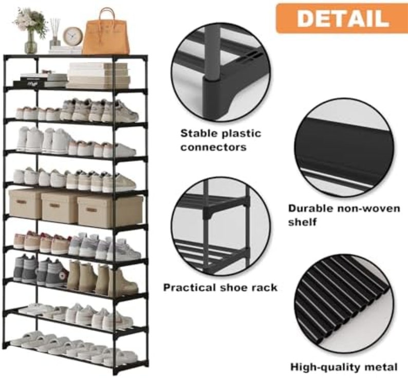 10-Tier Shoe Rack, Stackable Shoe Shelf, Shoes Storage Organizer for Entryway, Hallway, Black image 5