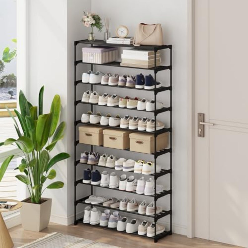 10-Tier Shoe Rack, Stackable Shoe Shelf, Shoes Storage Organizer for Entryway, Hallway, Black image 7