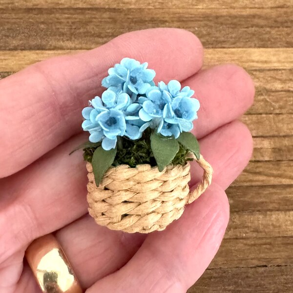 Dollhouse Miniature Woven Basket of Flowers in Blue