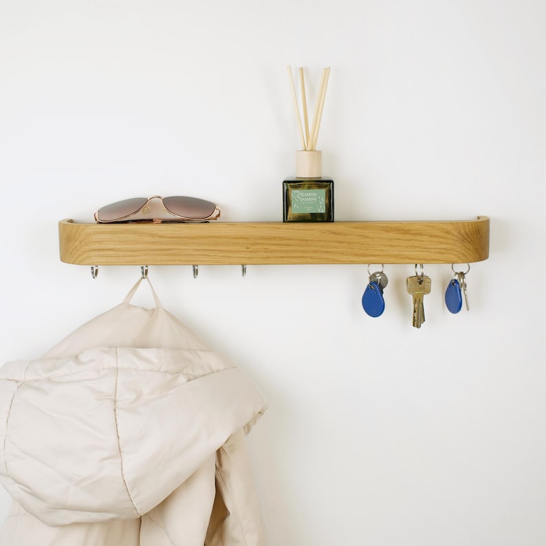 Minimalistic key holder made of solid oak wood, entry way key holder with hooks and shelf, simple coat rack for decorating hallway walls and organized mudroom.
